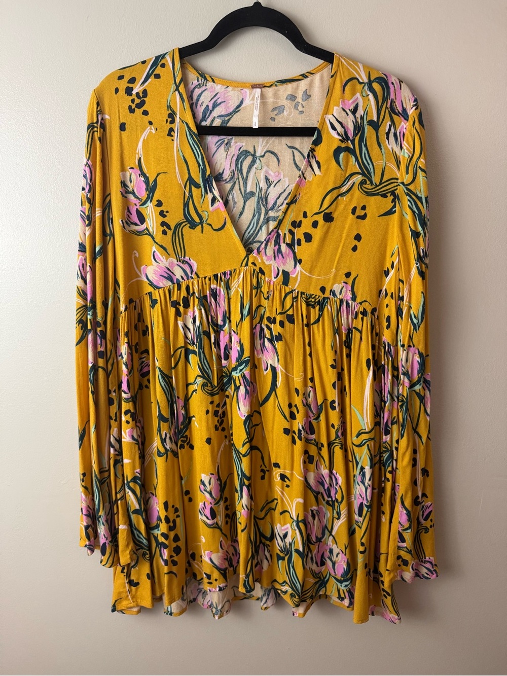 Free People Bella Golden Yellow Floral Babydoll Long Bell Sleeve Top Small Boho